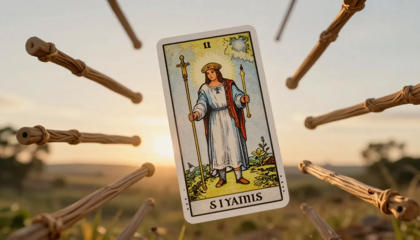 Hyper-realistic Eight of Wands tarot card, wooden staffs soa...