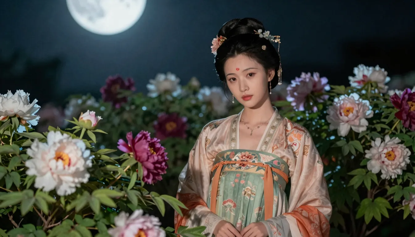 A beautiful Chinese woman in a traditional hanfu dress waiti...