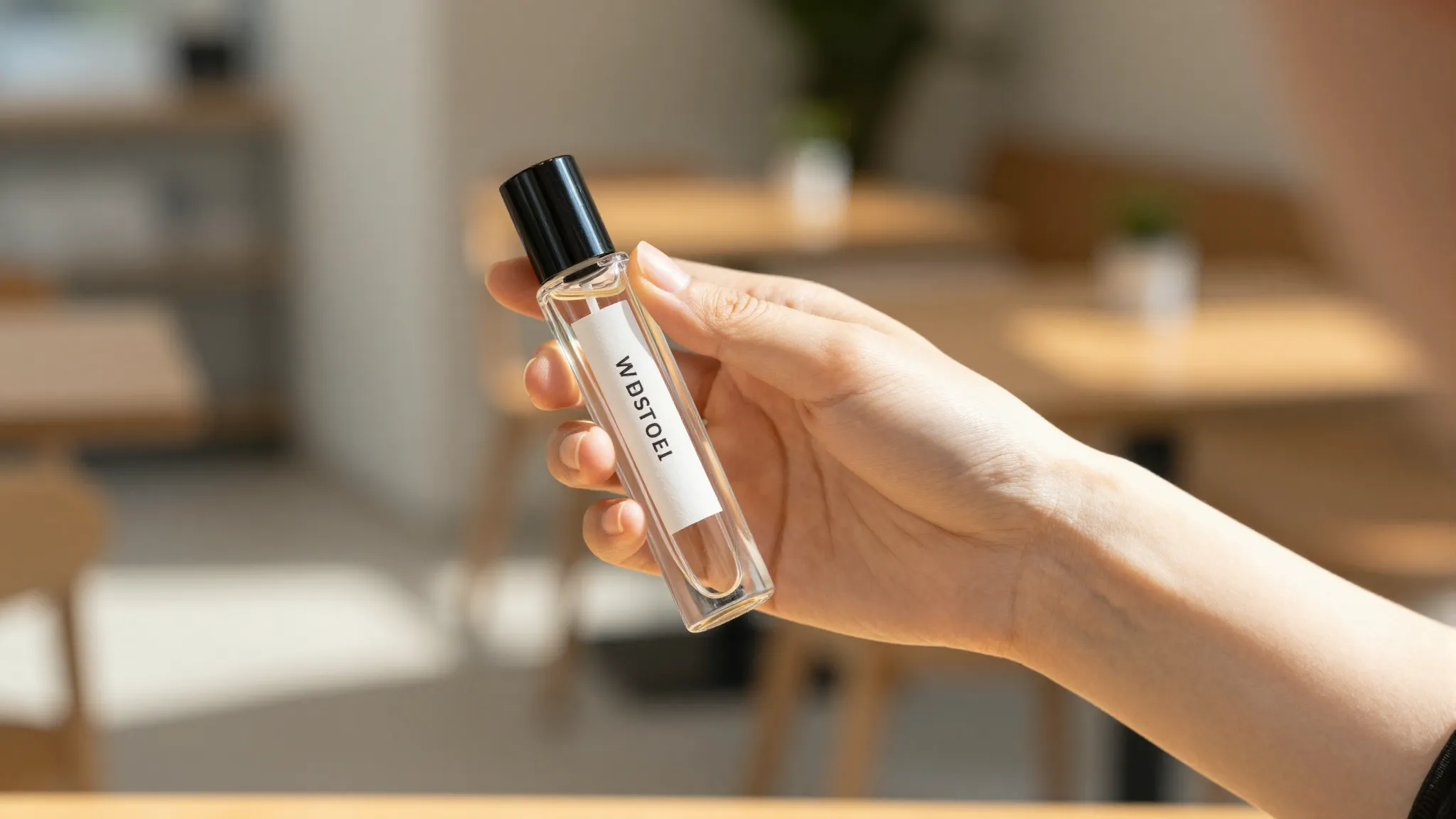 Close up of a woman's hand holding a small stylish perfume s...