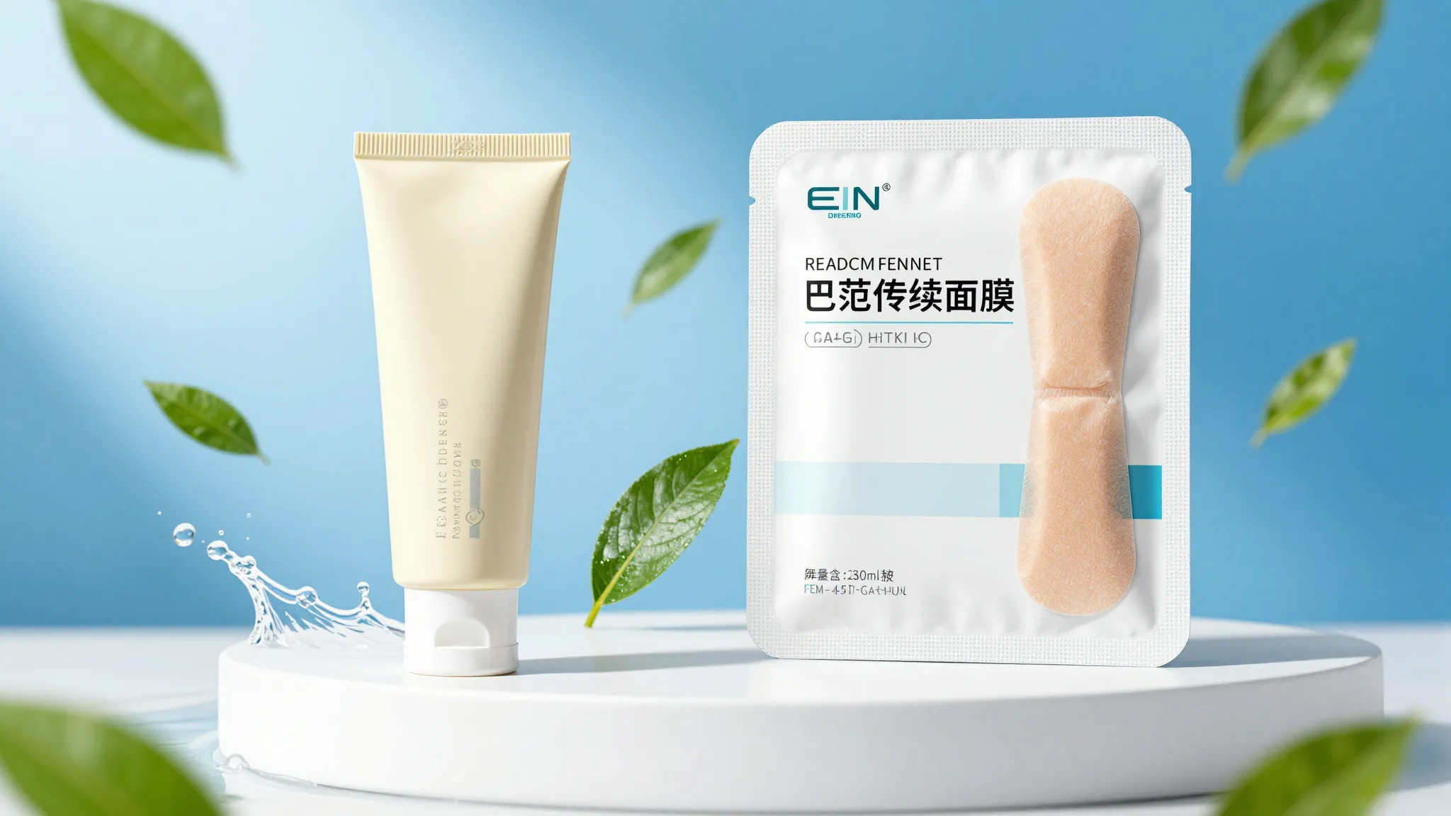 A professional commercial shot of a cream tube and a pack of...