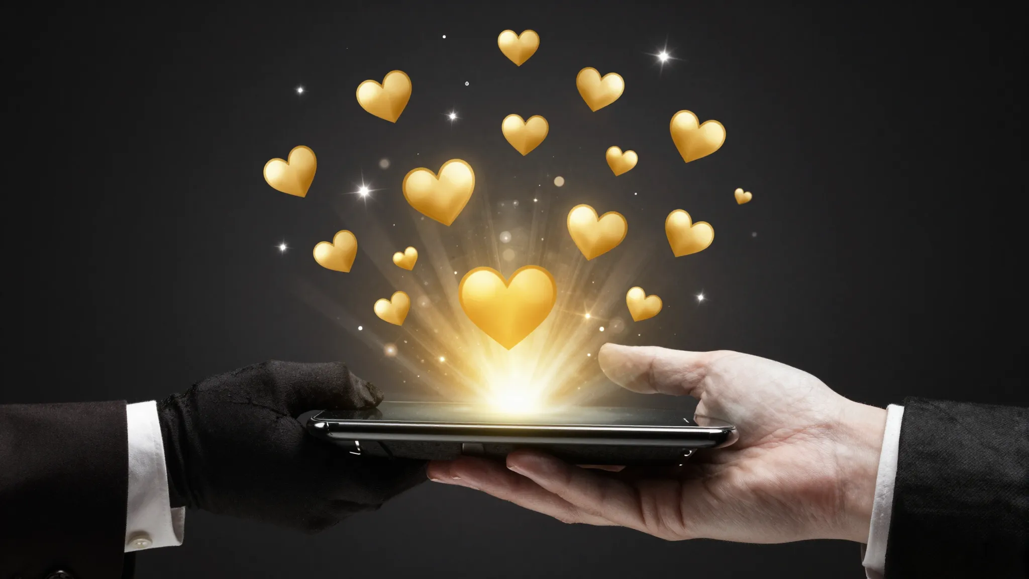 A magician's hand holding a smartphone, from the screen fly ...