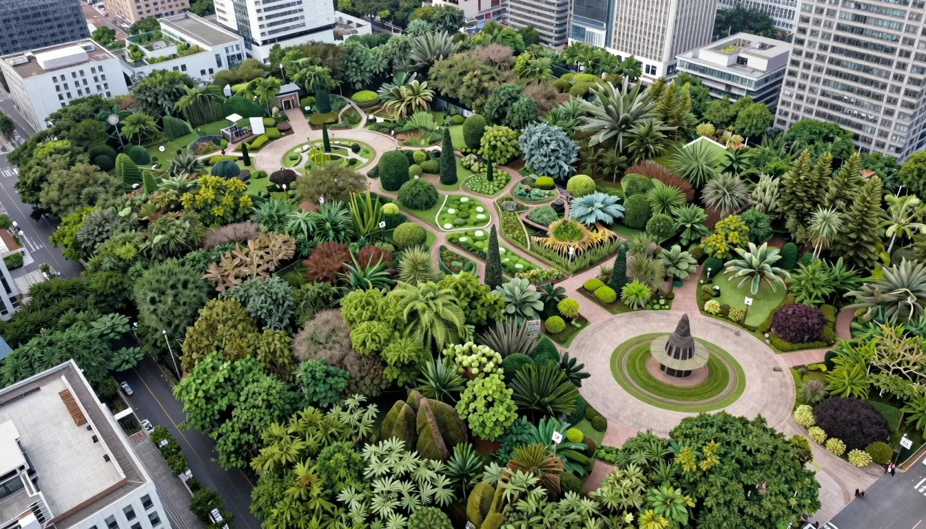 A top-down aerial view of a large botanical garden integrate...