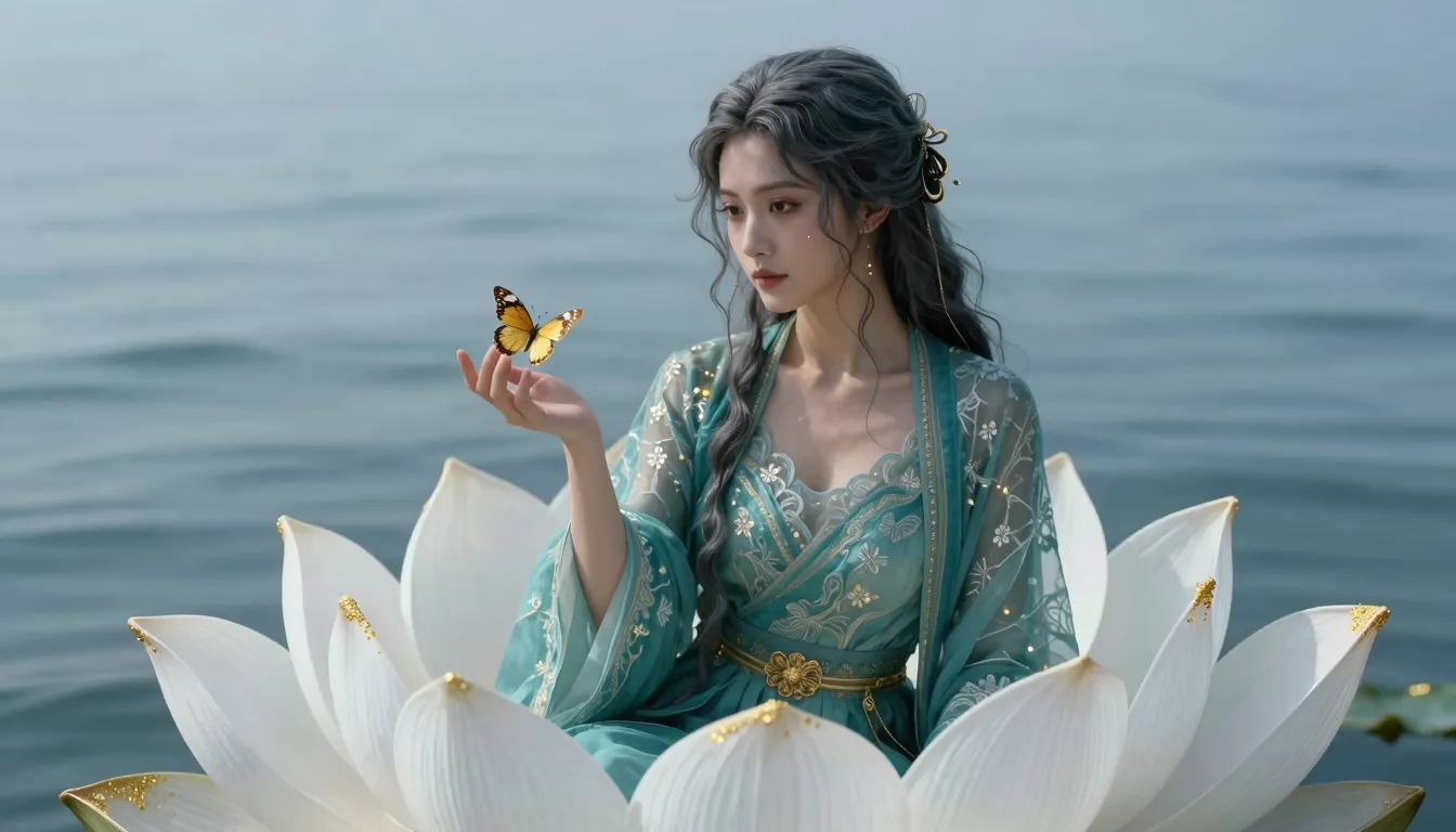 Cinematic shot of a beautiful goddess with dark ash hair and...