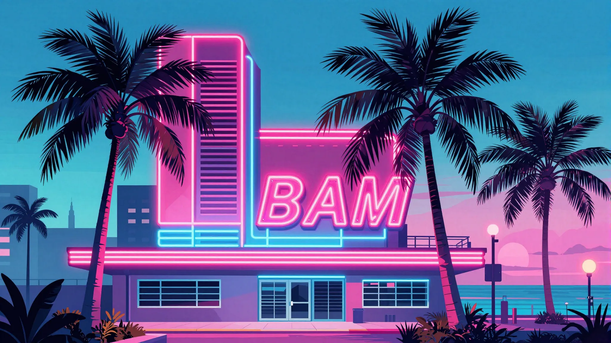 A vibrant neon sign in Miami style with palm trees, bright p...