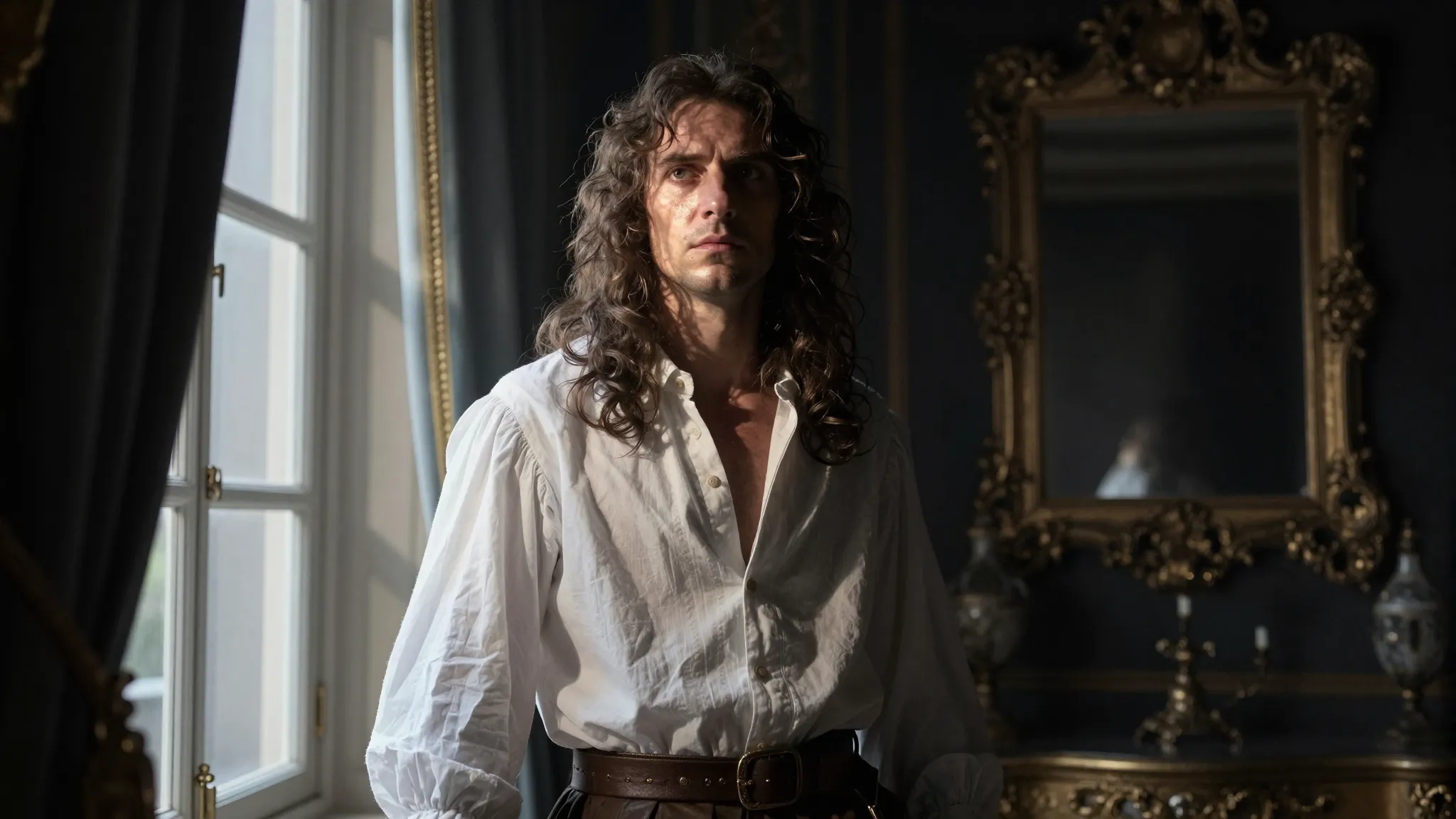 A tormented 17th-century French nobleman with messy hair, we...