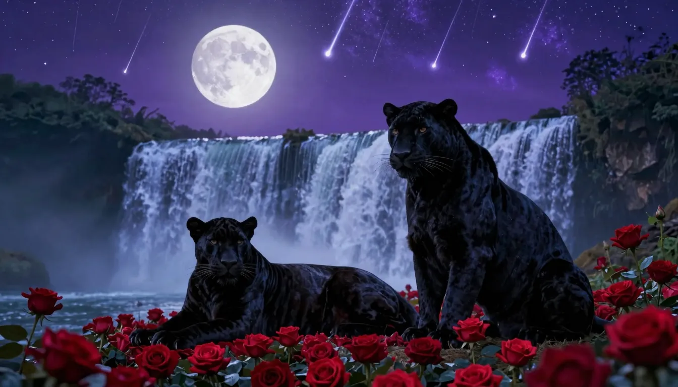 A majestic male and female black panther near a powerful wat...