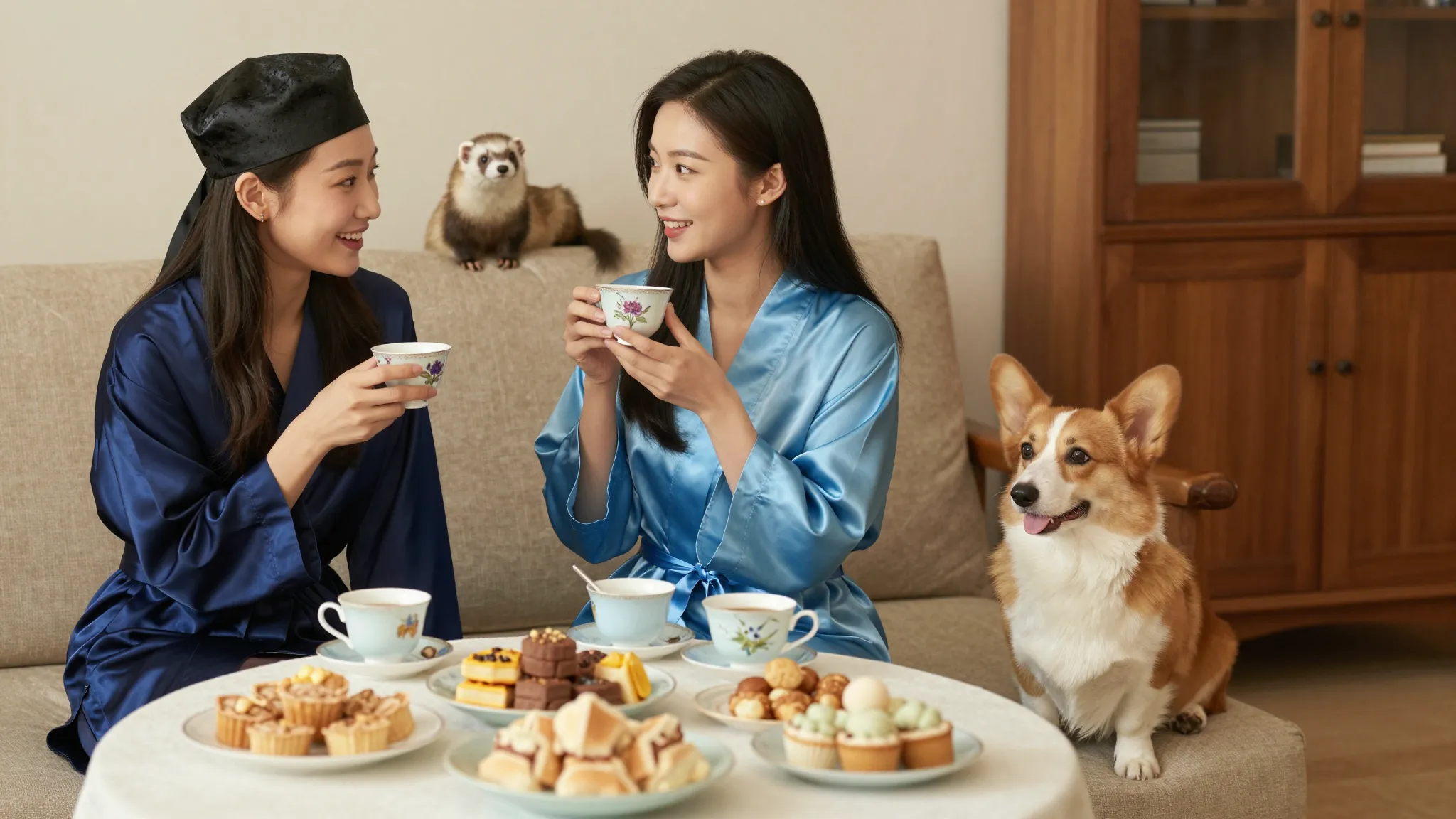 Two Chinese sisters having tea in a beautifully decorated co...