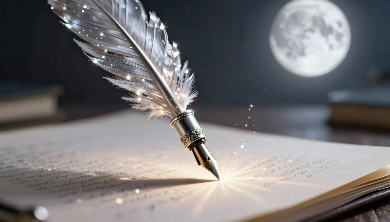 A magical silver quill pen writing on a glowing parchment, e...