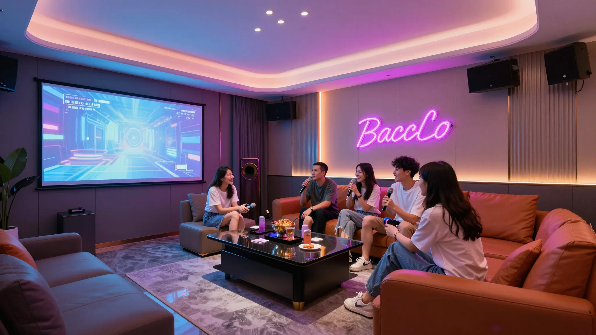 Modern private party room with vibrant neon lighting, stylis...