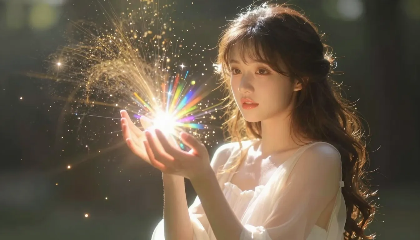 A beautiful young woman bathed in divine celestial sunlight,...
