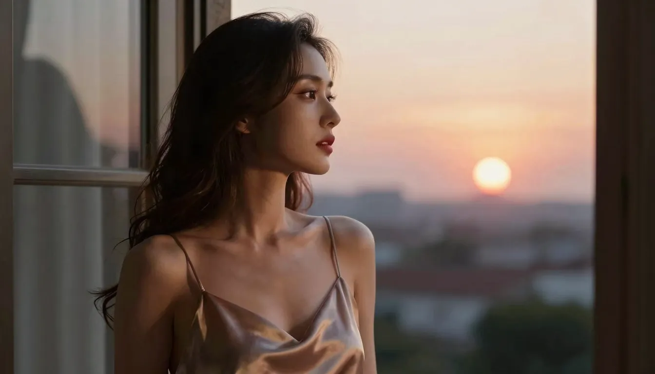 A beautiful woman in a silk dress looking out a window at a ...