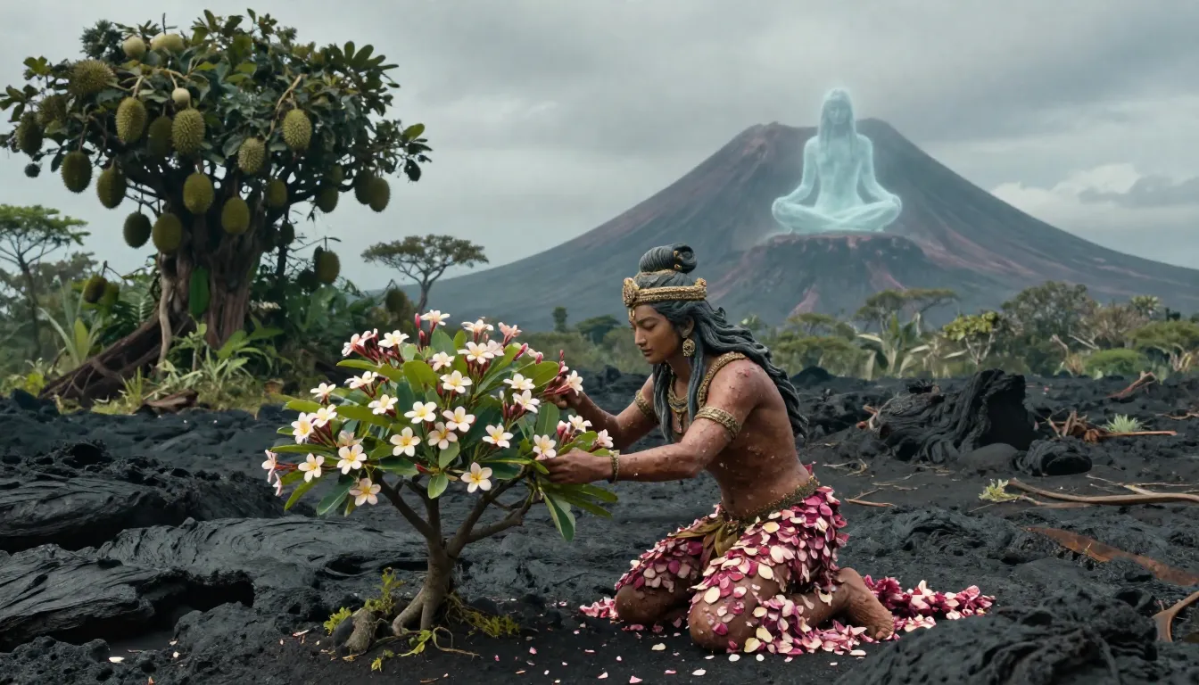 Cinematic wide shot, ancient mythical deity Hatuibwari with ...