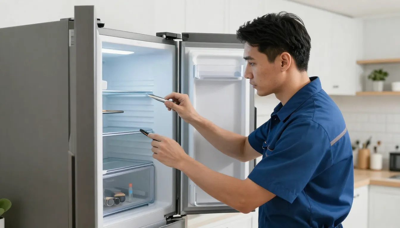 A professional repair technician in a clean modern uniform r...