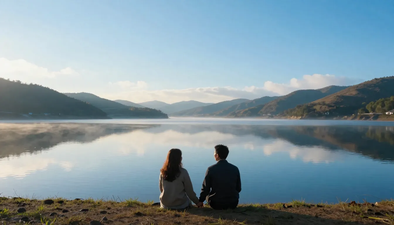 A serene blue lake at sunrise, with soft light, surrounded b...