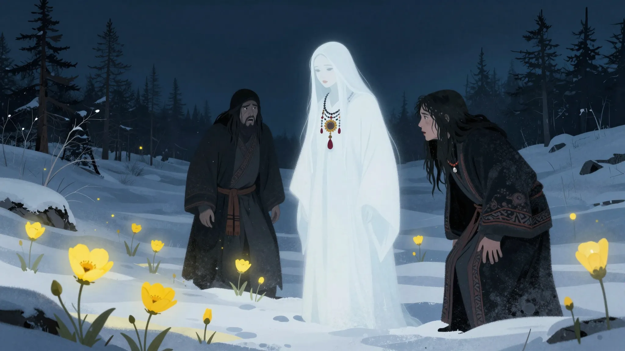 A stylized illustration of a Siberian myth, a ghostly woman ...