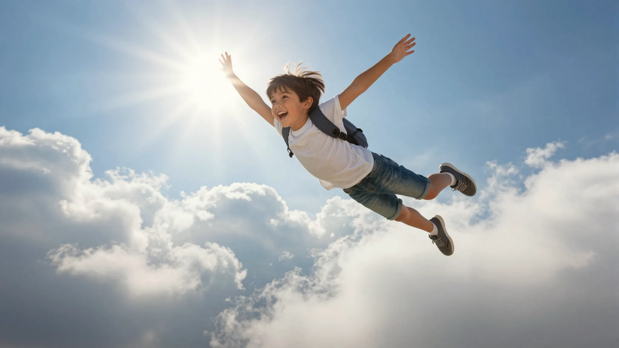 Dynamic shot of a happy child soaring fast through fluffy wh...