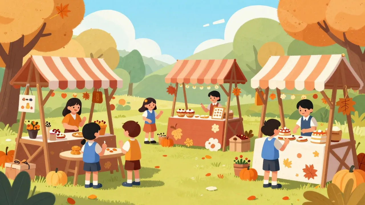 A vibrant digital illustration of a school autumn fair, wood...
