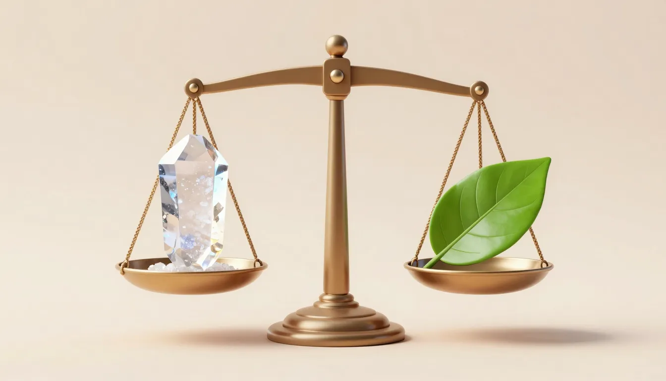 A conceptual 3D render of a balance scale, on one side a glo...