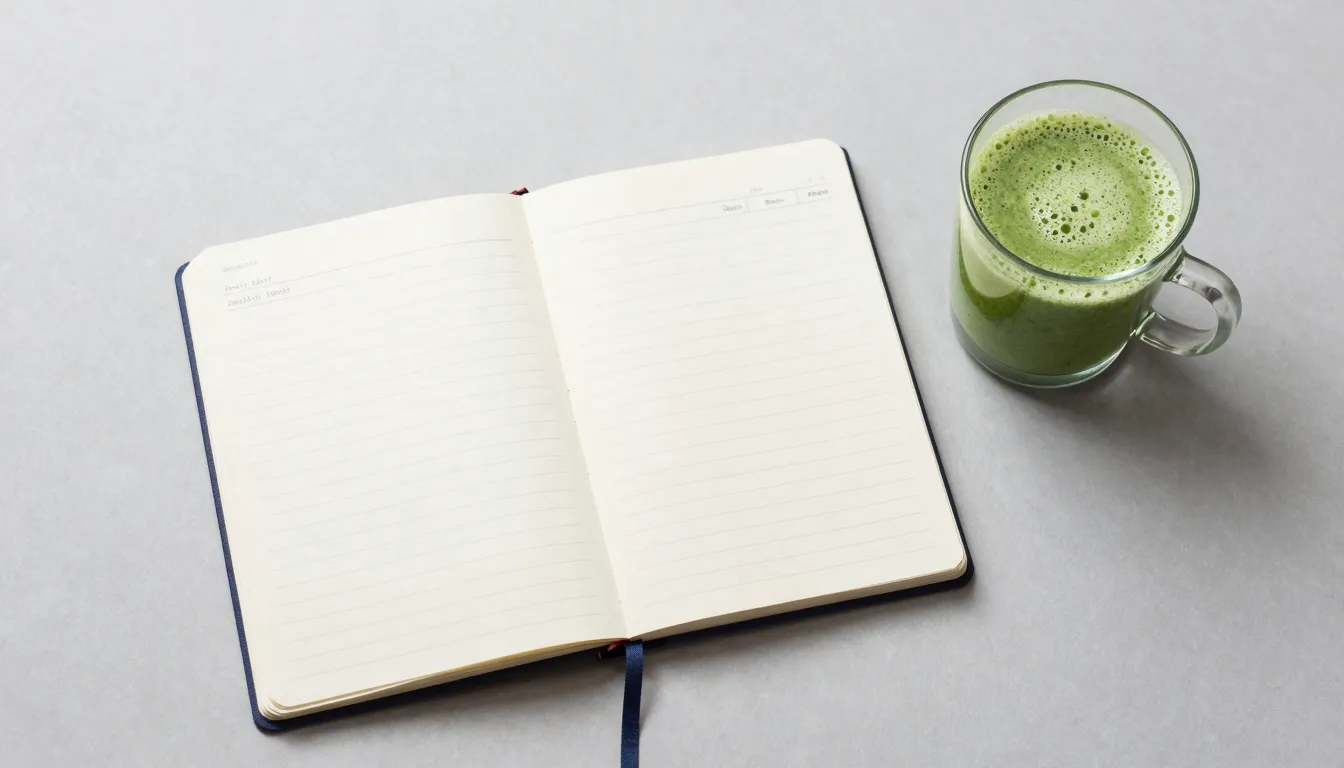 A minimalist and calm workspace with a notebook and a health...