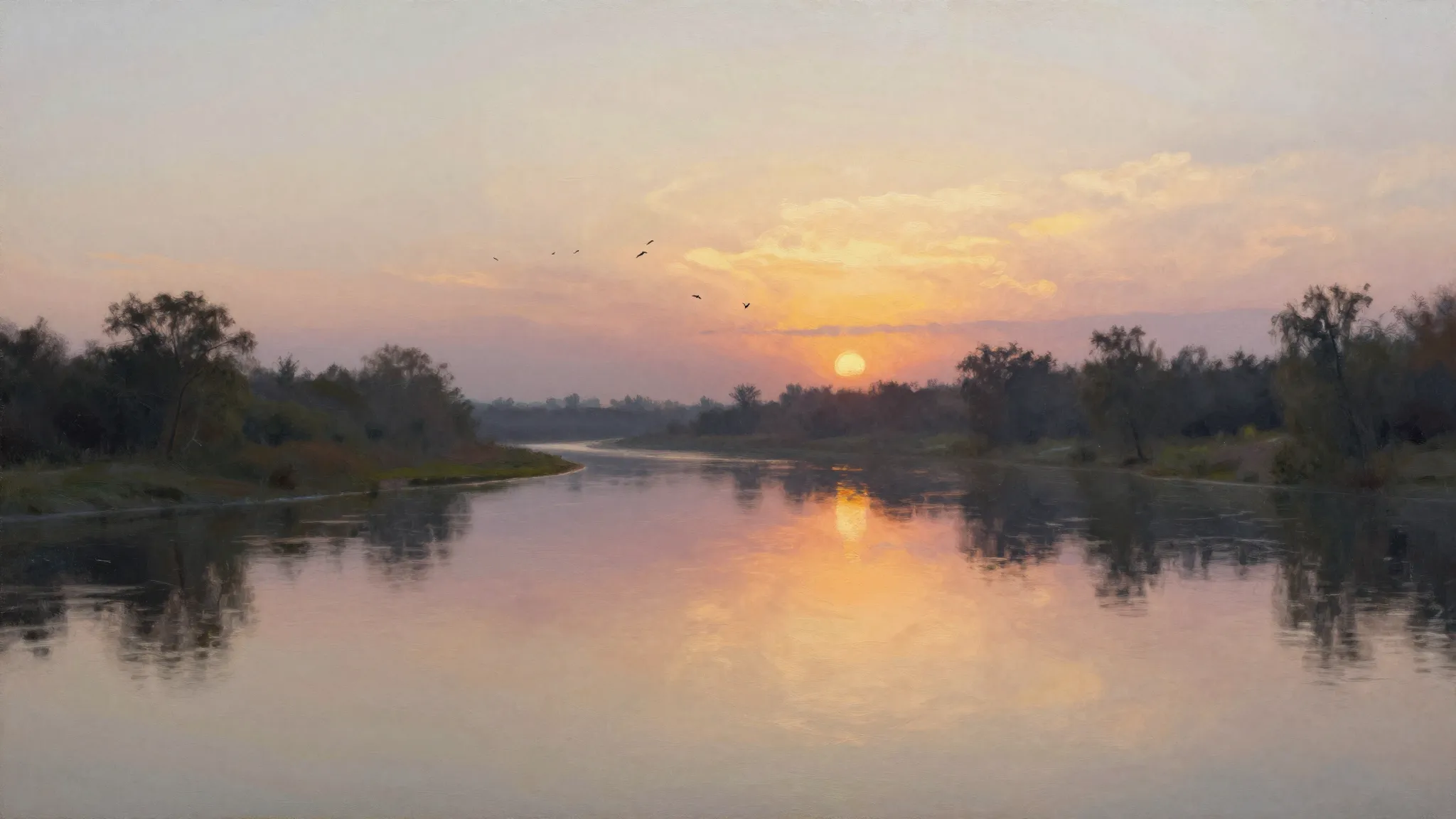 A serene landscape with a calm river reflecting a sunset sky...