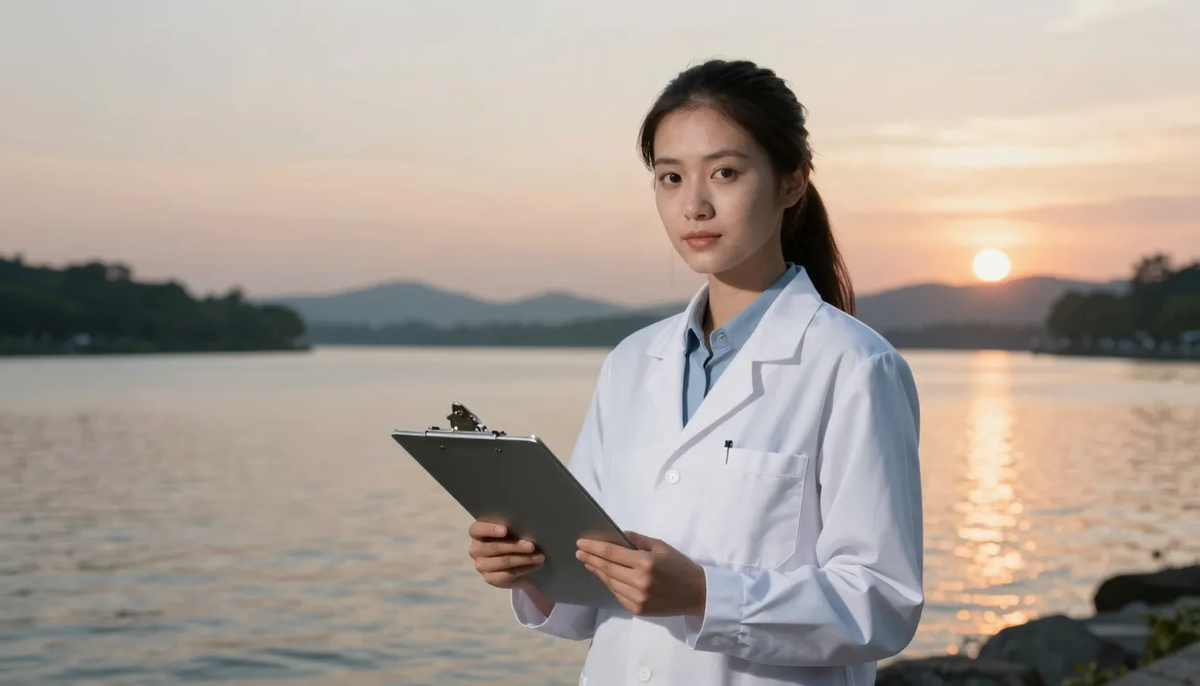 Portrait of a young female hydrobiologist in a white lab coa...