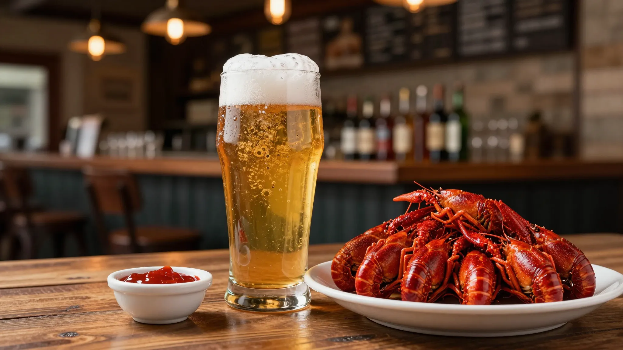 A stylish bar interior with a focus on a glass of cold beer ...