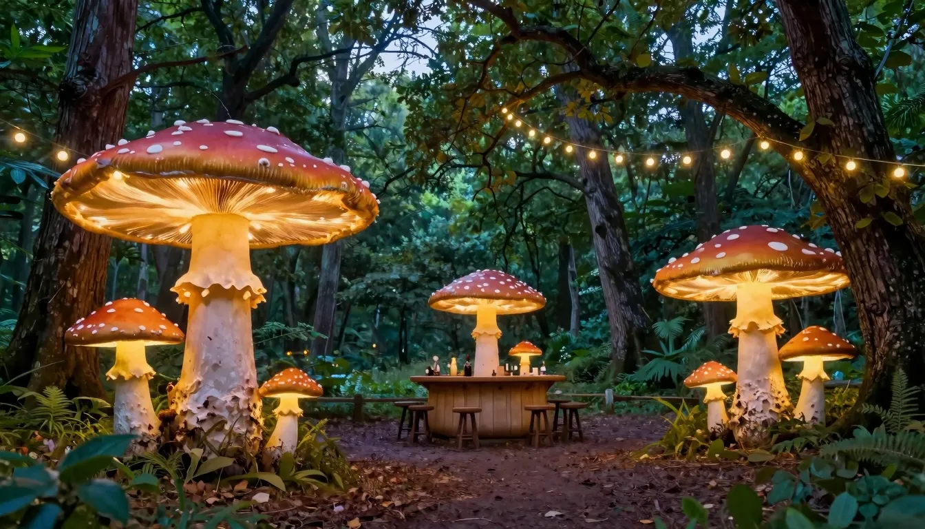 A mystical summer forest clearing at dusk, giant glowing mus...