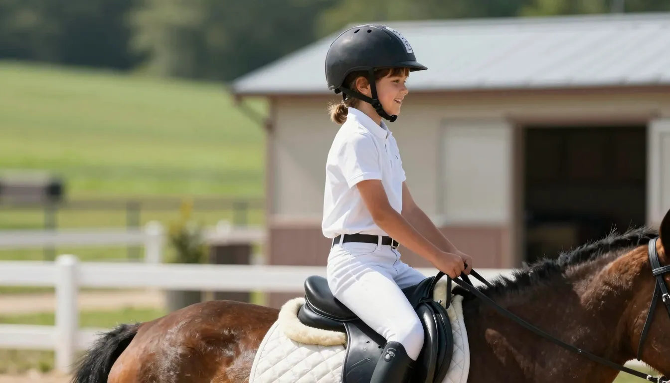 A young child with good posture riding a horse in a sunny eq...