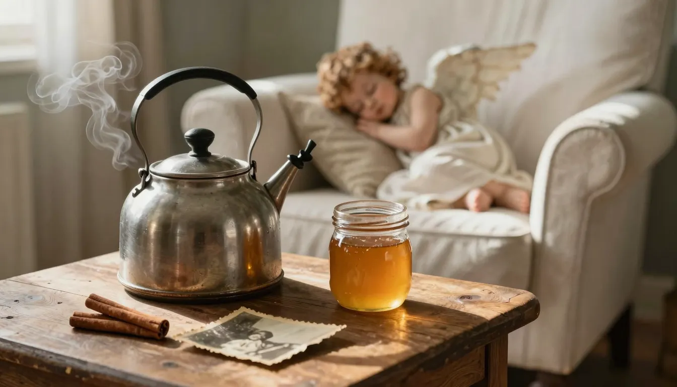 A cozy vintage interior with a steaming kettle on a wooden t...