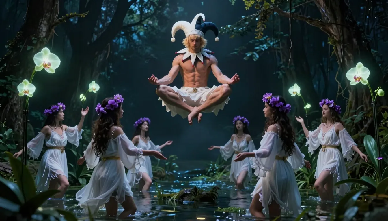 Surreal night scene: a strong blonde man in a jester's turba...