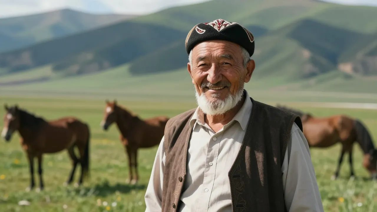 A friendly, charismatic elderly Kyrgyz man with a white bear...