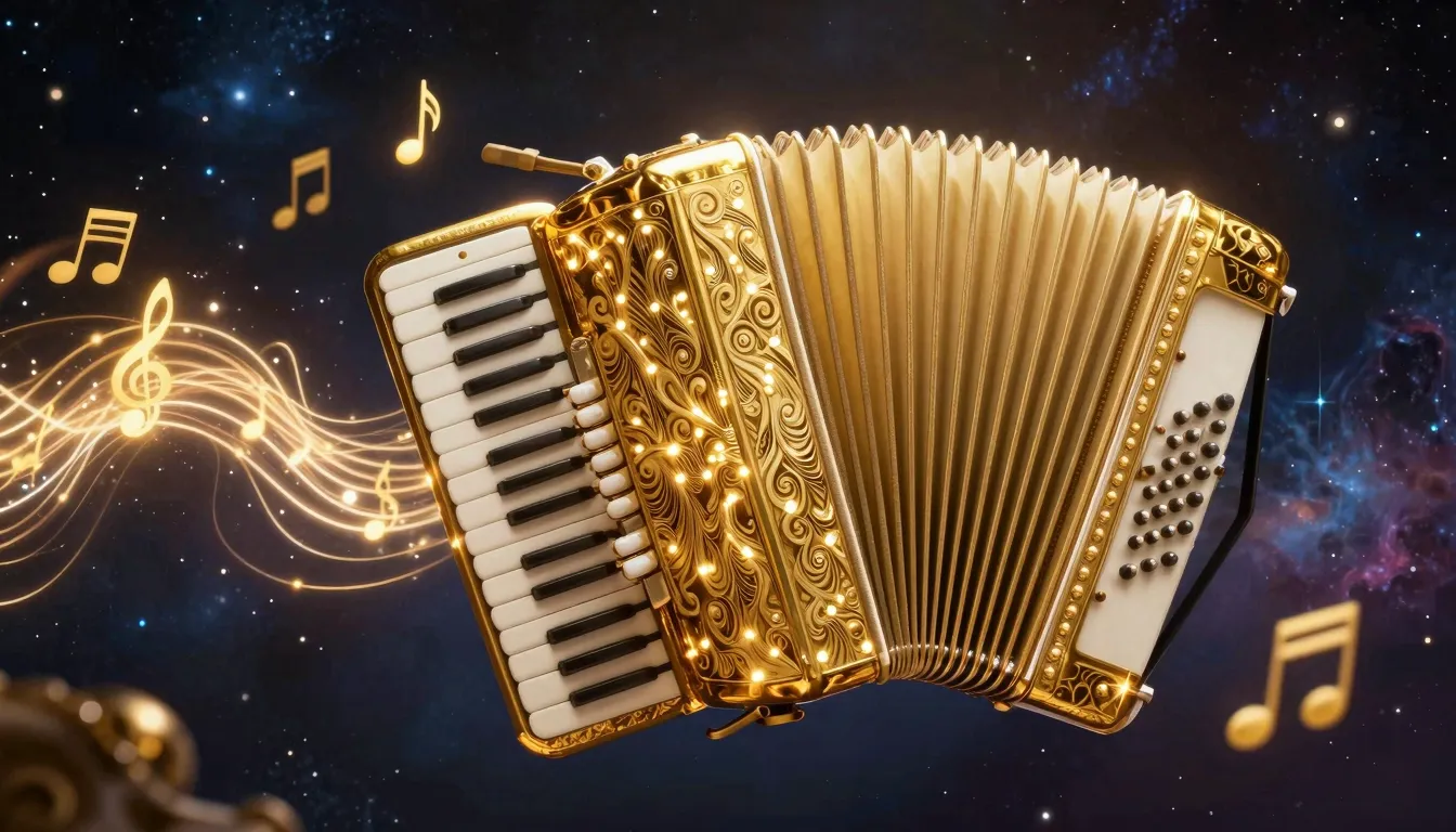 A magnificent golden accordion with intricate glowing orname...