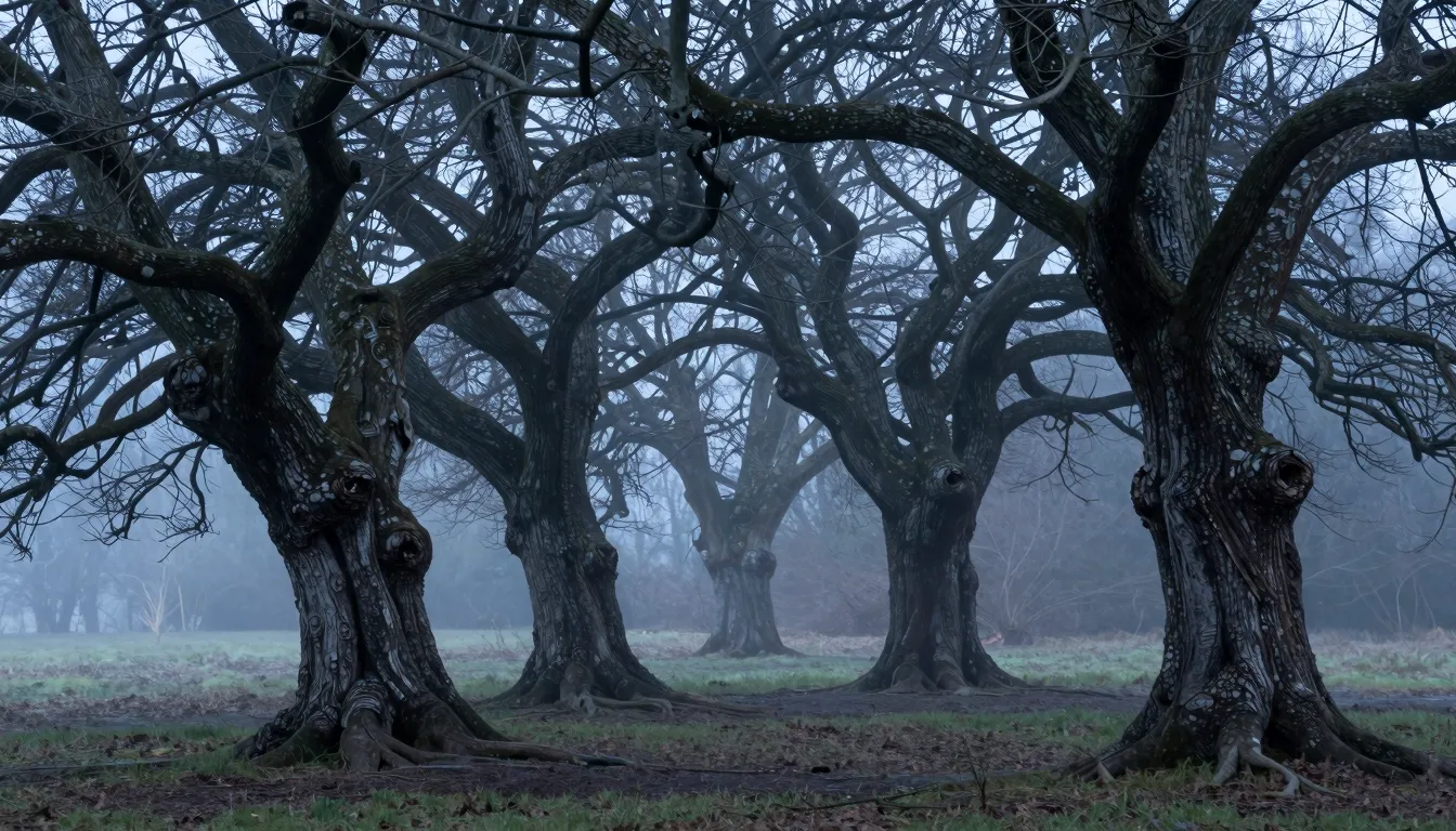 Gloomy winter forest with several old yew trees, dark twiste...
