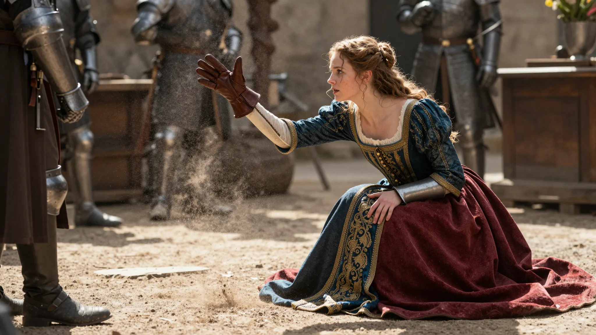 Cinematic shot of a medieval lady in a luxury dress throwing...