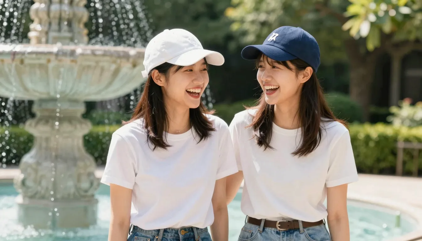 Two cheerful young Chinese women standing together near an o...