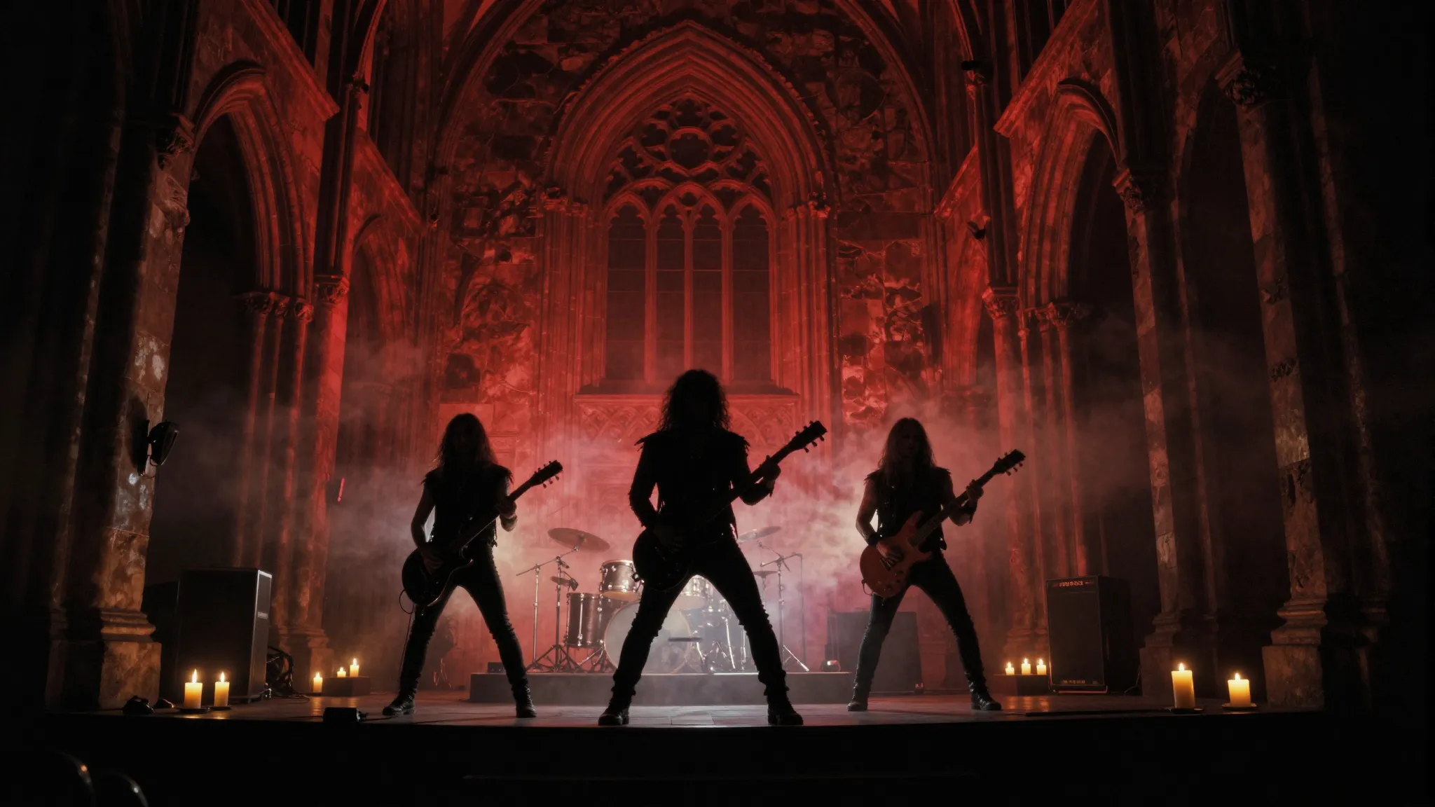 A dark, gothic cathedral interior with red lighting, ancient...