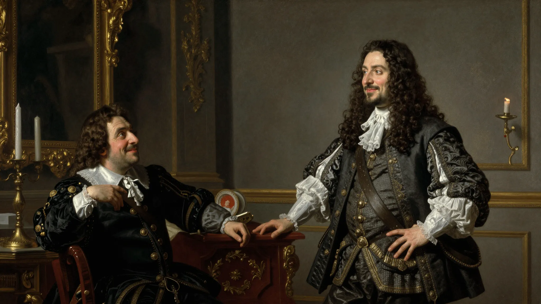 A 17th-century French nobleman with a forced polite smile lo...