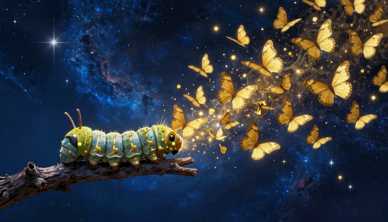 Surreal digital illustration, a caterpillar crawling on a da...