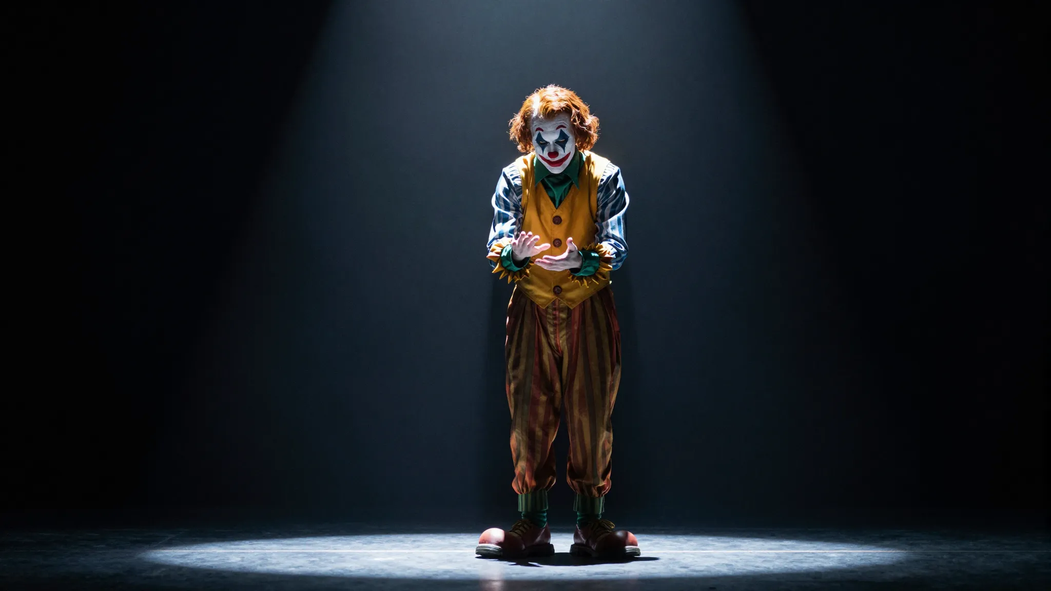 A lonely clown standing on a dark stage under a single brigh...