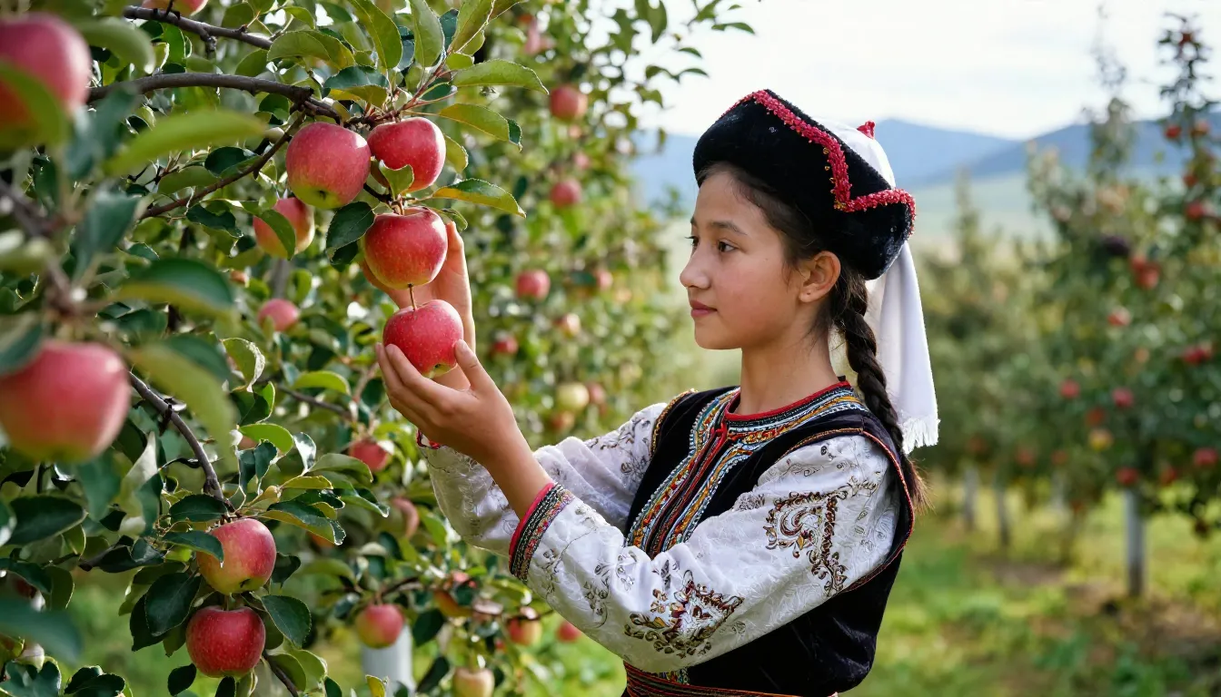 A young Kyrgyz girl, dressed in traditional Kyrgyz clothing ...