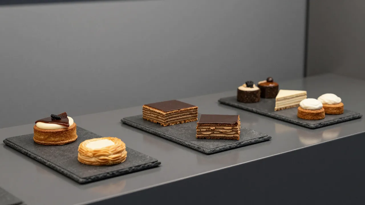 Minimalist bakery showcase with dark grey stone trays, geome...