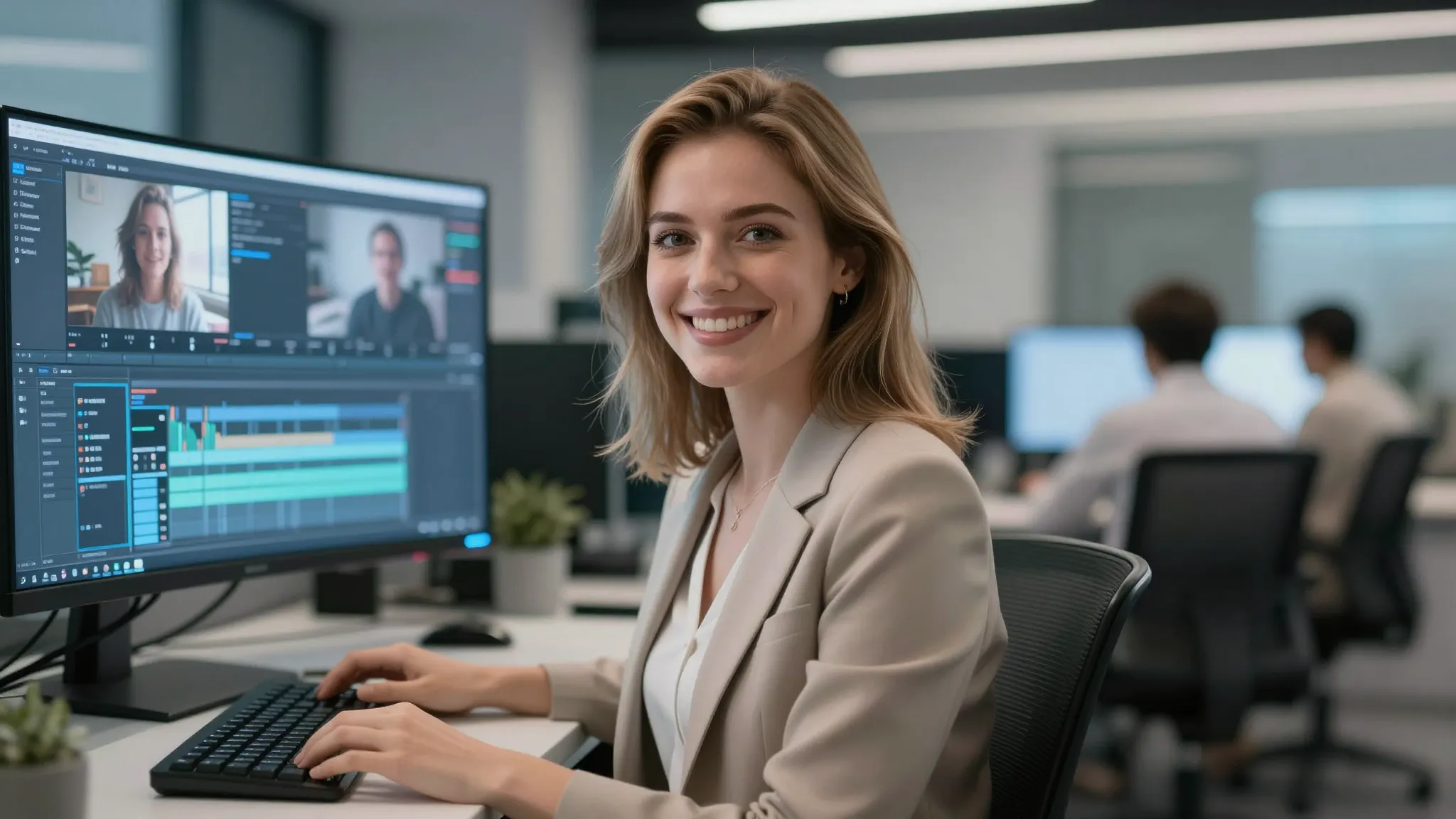 A friendly female AI assistant with light hair, smiling warm...