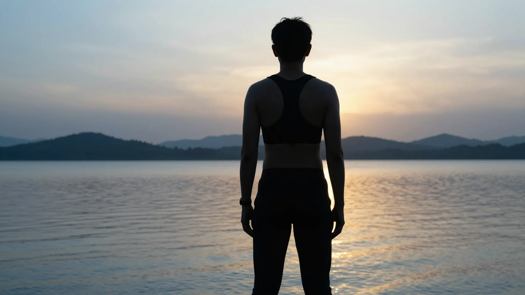 A silhouette of a fit person standing by a calm lake at sunr...