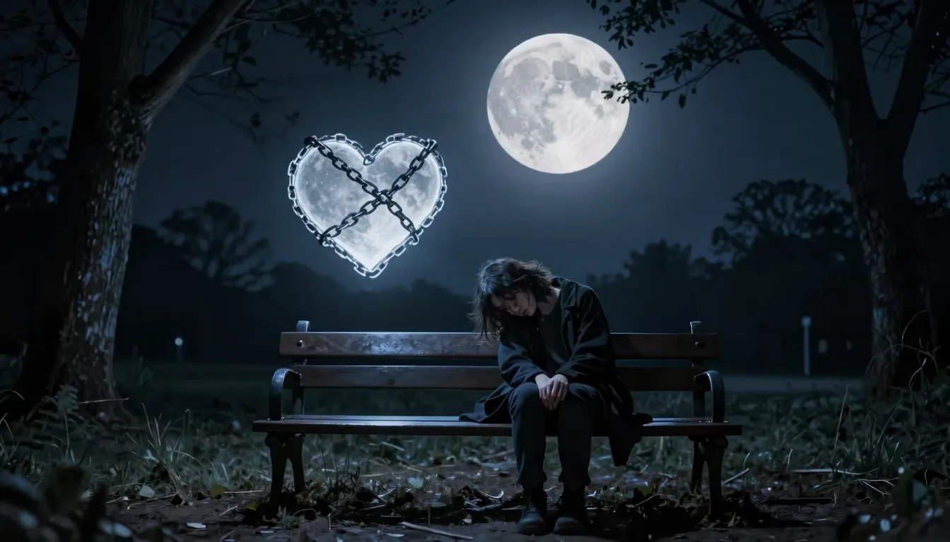 A dramatic night scene. A lonely person sitting on a wooden ...