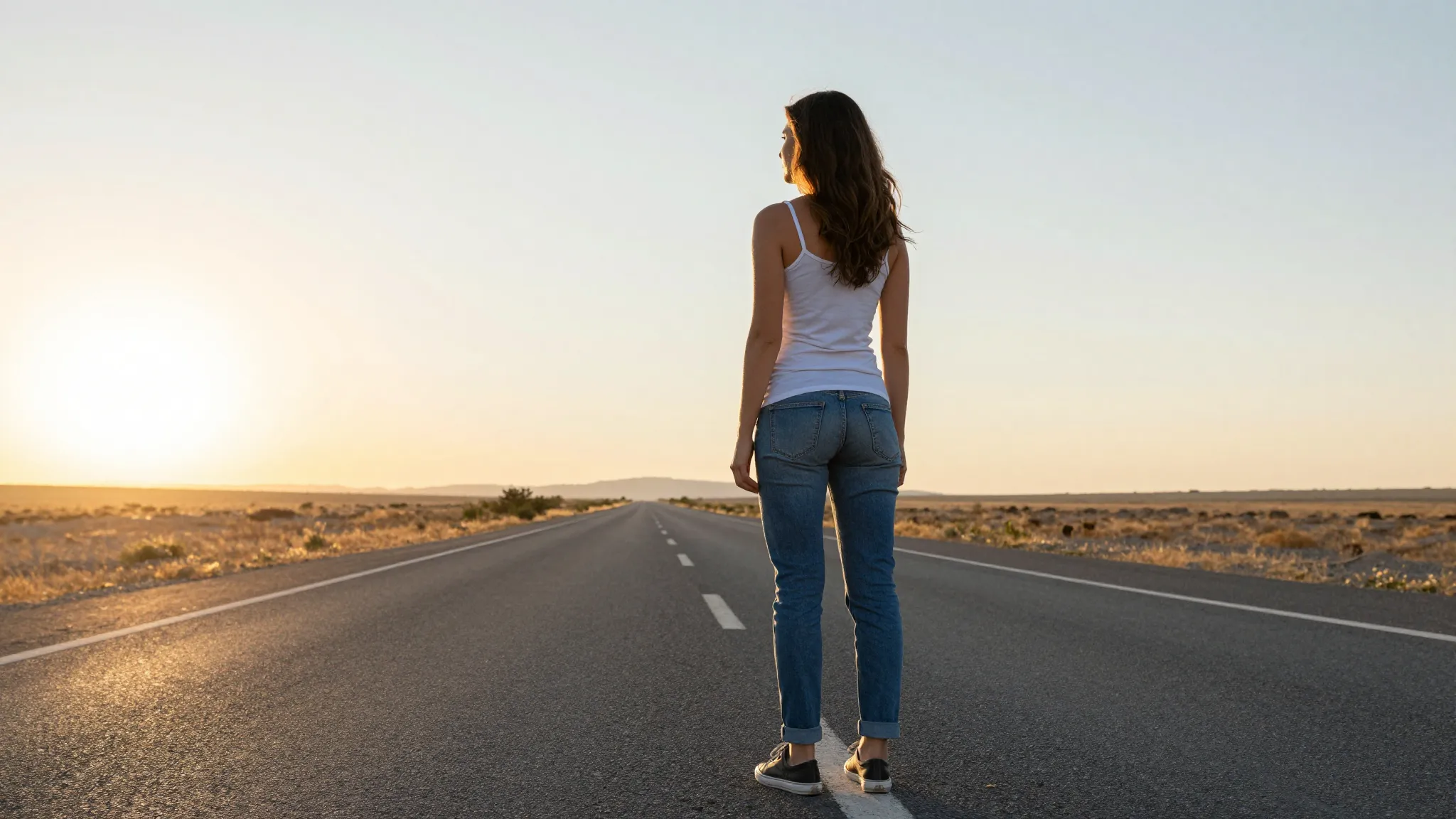 A woman standing on an empty highway stretching to the horiz...