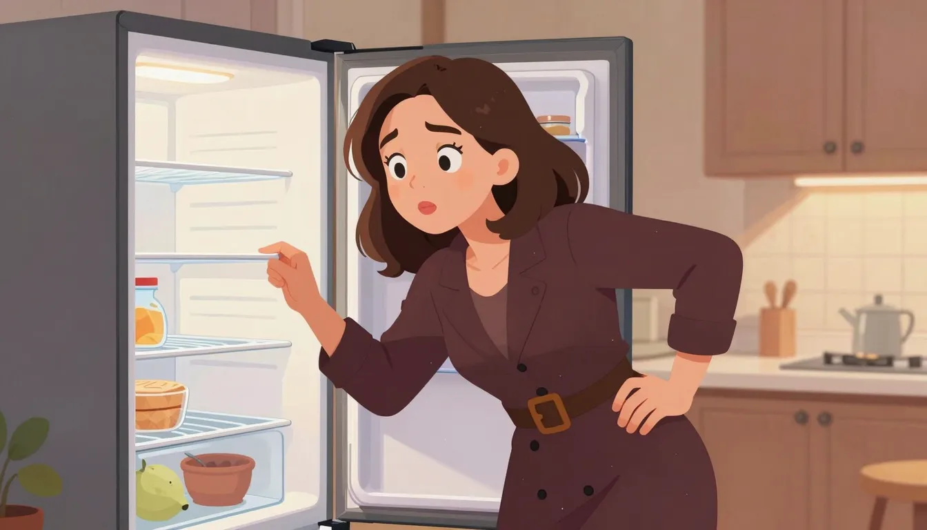 A humorous illustration of a woman looking into an empty fri...