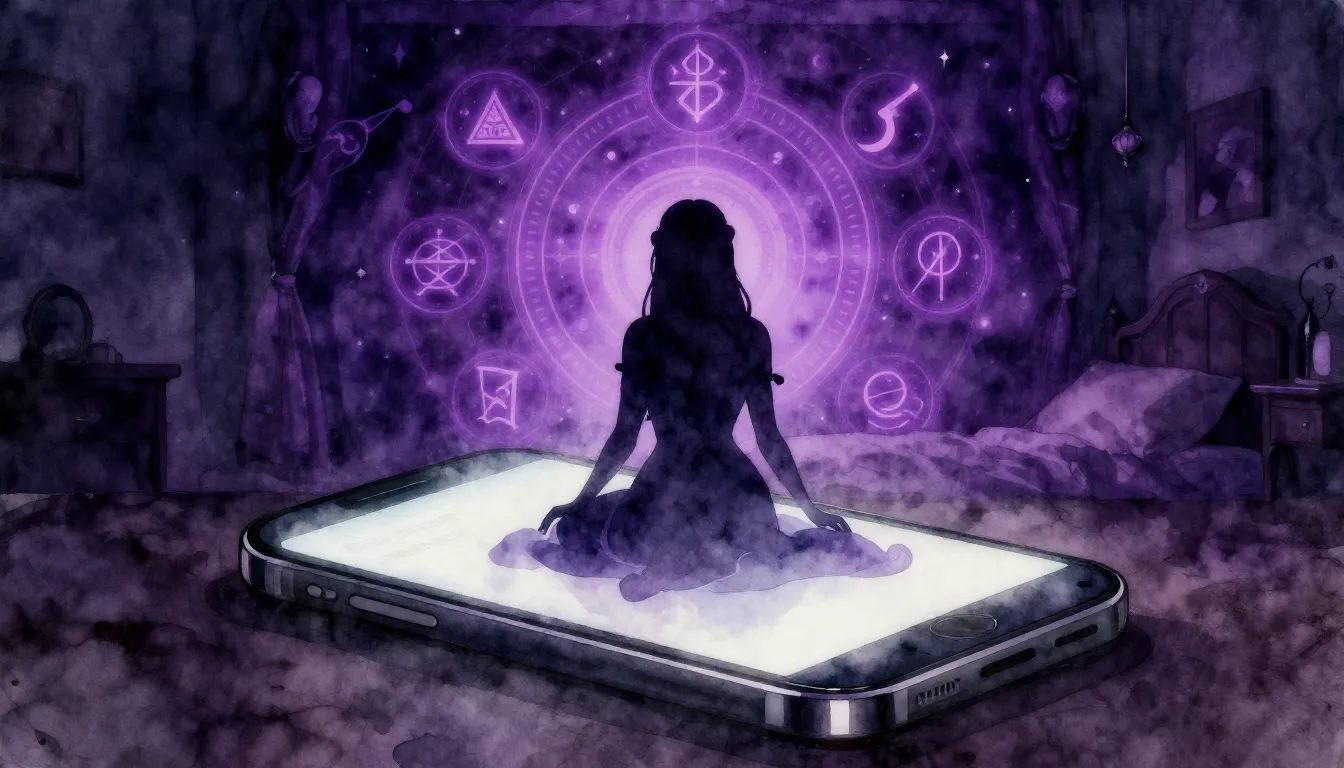 Watercolor style. A dark room with a glowing smartphone scre...