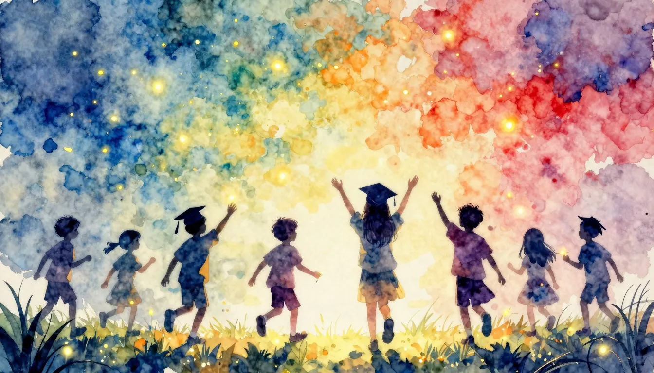 Vibrant watercolor style. Graduation album cover, fireflies,...