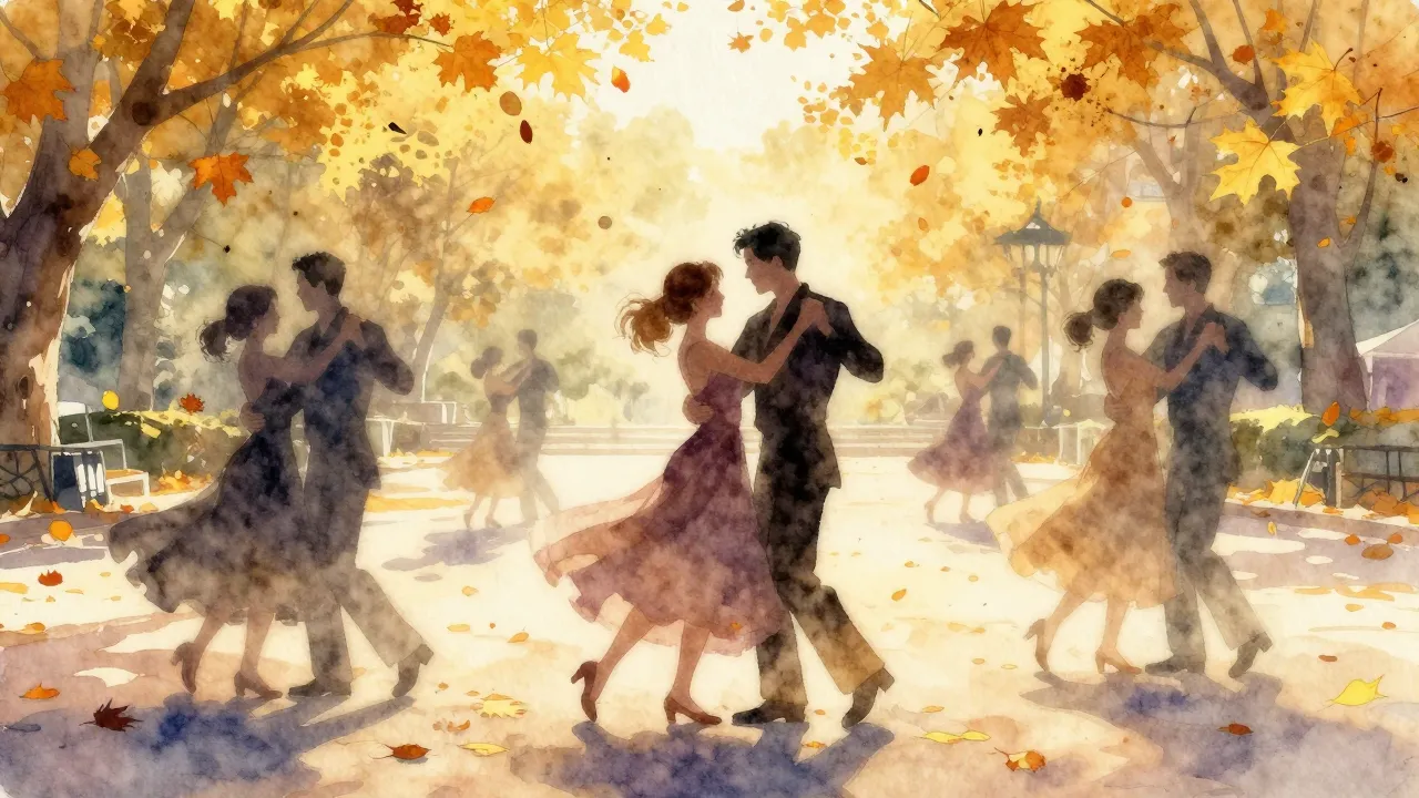 Watercolor style. A sunny autumn dance floor in a park, gold...
