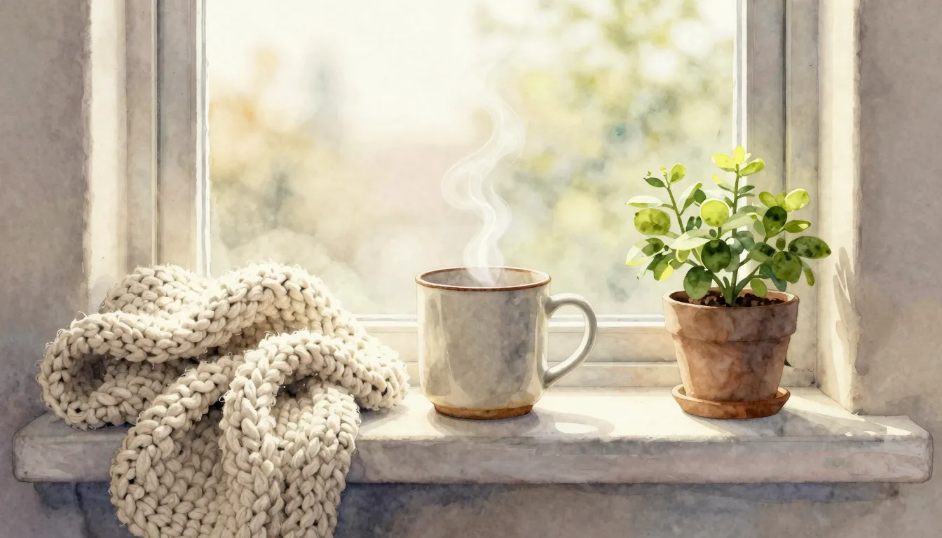 Watercolor style. A cozy window sill with a steaming ceramic...